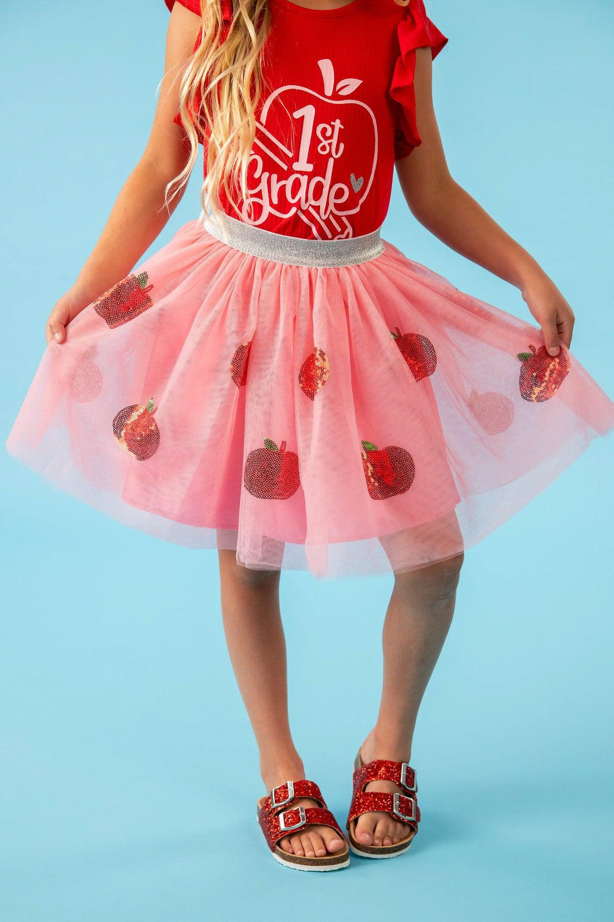 "Pre-K - 4th Grade" Pink Apple Tutu Skirt Set | Sparkle In Pink