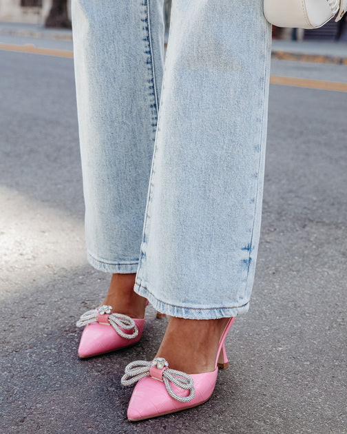 Ophelia Croc Embossed Crystal Embellished Bow Mule Heels - Pink | VICI