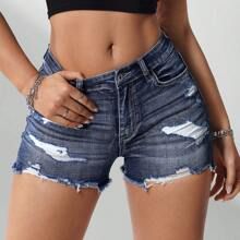 Denim Fashionable Ripped Frayed Hem Jean Shorts | SHEIN