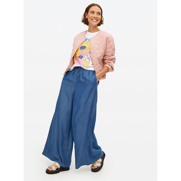 Blue Chambray Lyocell Blend Palazzo Trousers  14 | Tu Clothing