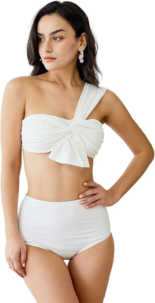 CHICWISH Women's Black/White/Rust Red/Brown Sweet Knot One-Shoulder Bikini Set Swimsuit | Amazon (US)