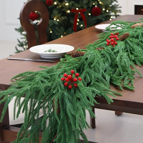 9FT Christmas Garland Real Touch Norfolk Pine Garland Faux Realistic Greenery Garland with Pine Cones and Berries for Mantle Fireplace Stairs Indoor Outdoor Decoration | Amazon (US)