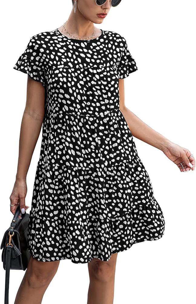 KIRUNDO 2023 Summer Women's Ruffle Mini Dress Short Sleeves Leopard Floral Round Neck Loose Pleat... | Amazon (US)