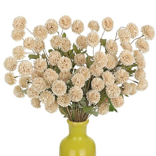 Briful 12pcs Mums Artificial Flowers – Faux Kiku Pom Pom Silk Fall Flowers, Beige Neutral Chrysanthemum Long Stem for Vase Filler, Mini Artificial Mums for Wedding Bouquet, Autumn, Home Indoor Decor | Amazon (US)