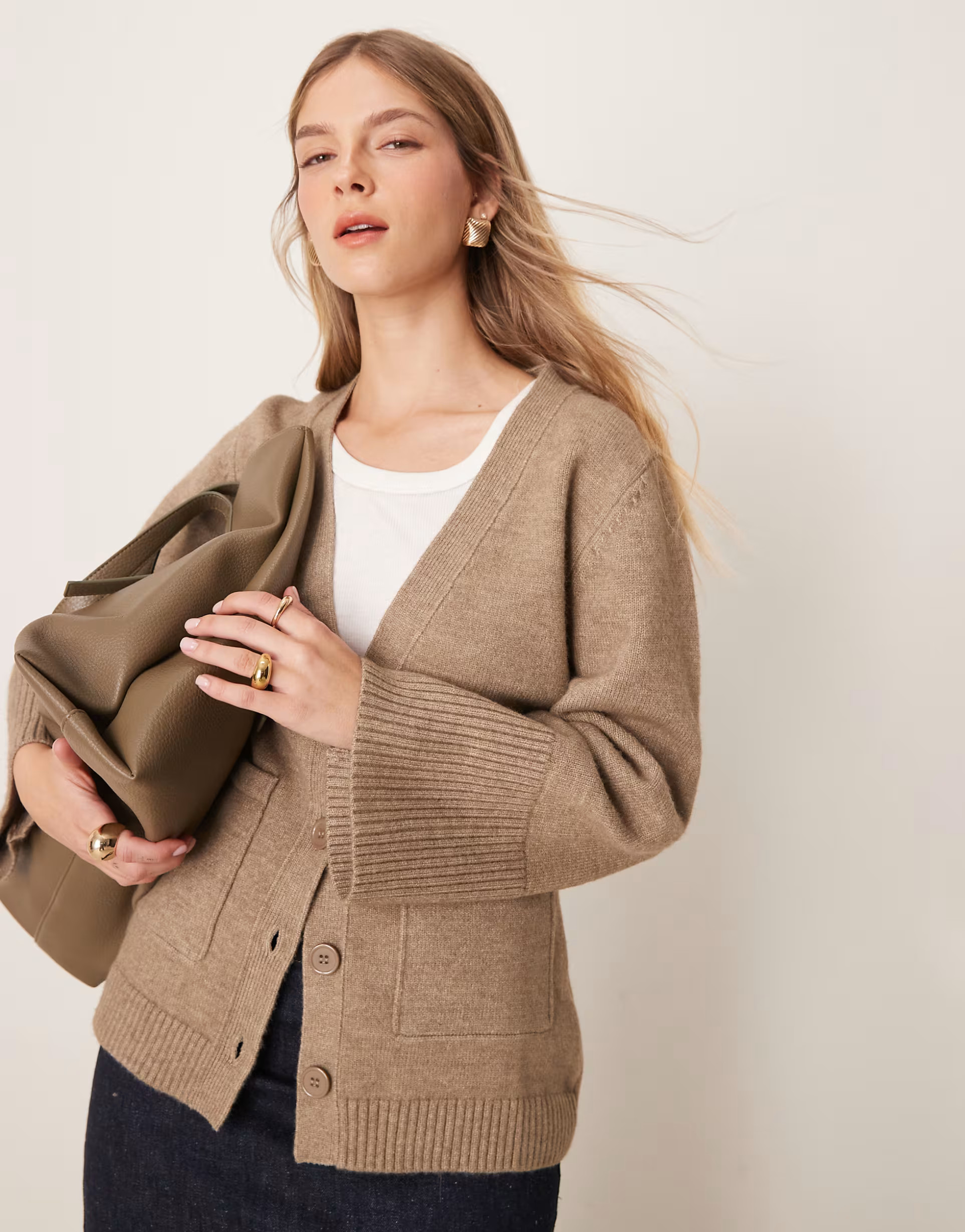 Pretty Lavish chunky cuff knit cardigan in taupe | ASOS (Global)