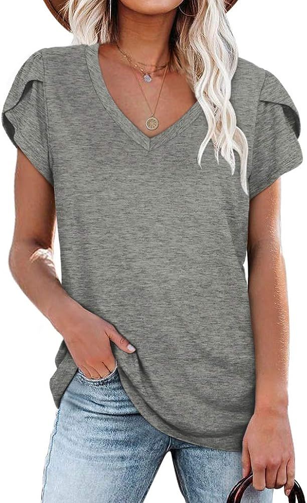 WIHOLL Womens Tops V Neck Summer Petal Sleeve Casual Tshirts | Amazon (US)