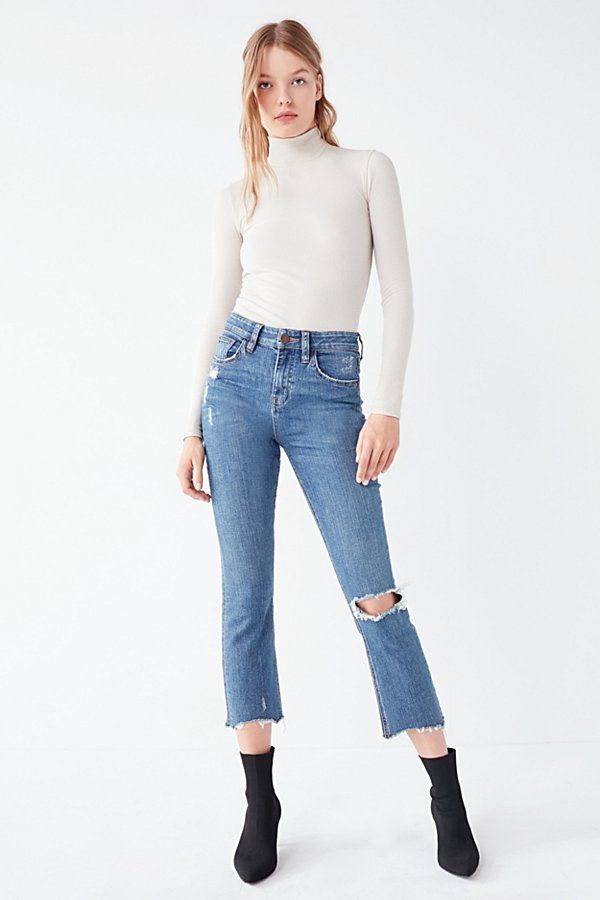 BDG Kick Flare High-Rise Cropped Jean - Distressed - Blue 25 at Urban Outfitters | Urban Outfitters (US and RoW)