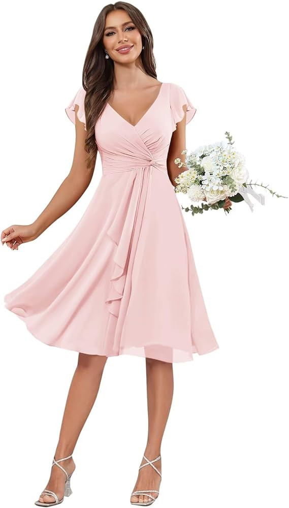 AUMEELAM Chiffon Short Bridesmaid Dress for Women V-Neck Short Sleeve Ruched Formal Dresses | Amazon (US)