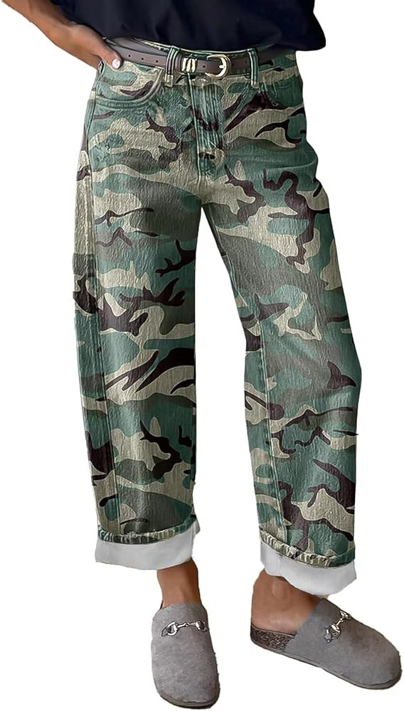 Flamingals Camo Straight Leg Pants for Women Mid Rise Baggy Casual Pants Without Belt | Amazon (US)