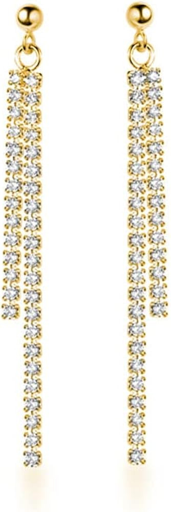 SLUYNZ Sterling Silver Crystal Rhinestone Linear Drop Earrings for Women Teens CZ Long Dangle Ear... | Amazon (US)