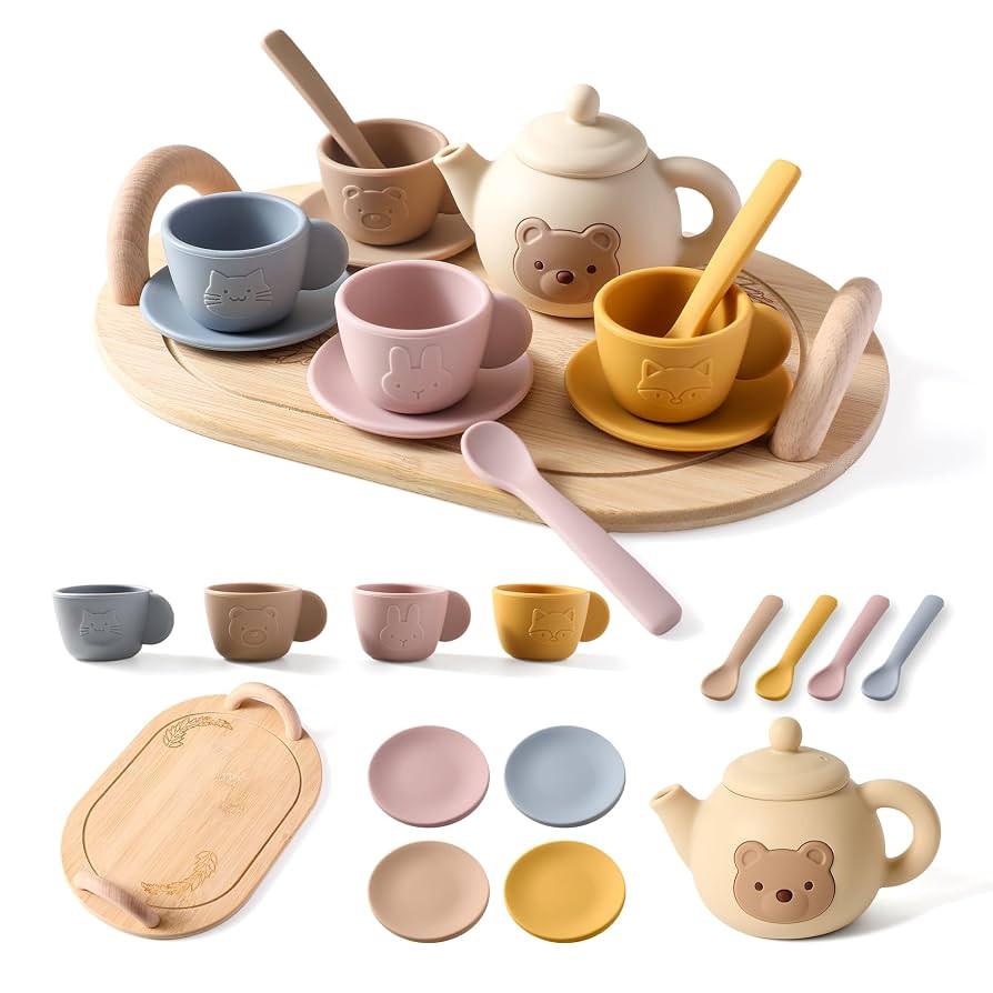 Tea Party Set for Little Girls 1-3 Kids Tea Set with Silicone Teapot Cups Coasters Carrying Scoop... | Amazon (US)