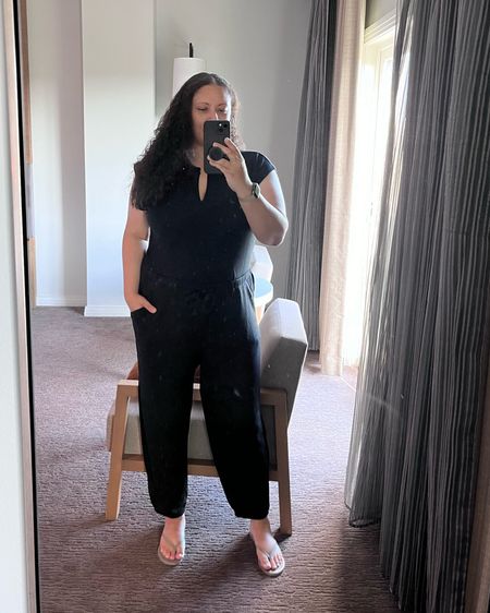 Summer jumpsuit. Worn on a little staycation. Love the fit. Wearing an XL but I always size up in jumpsuits so they fit my waist and long legs. I say TTS cuz I’m in between sizes. Packs easily. So comfortable! 

#LTKOver40 #LTKMidsize #LTKFindsUnder100