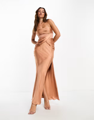ASOS DESIGN satin draped bandeau bias maxi dress with corset detail in tan | ASOS (Global)