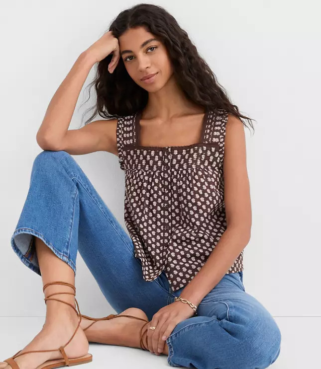 Floral Pleated Square Neck Blouse | LOFT