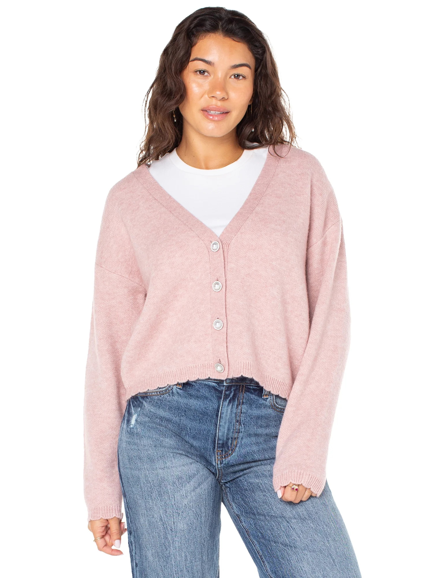 Celebrity Pink Women's Scalloped Hem Jewel Button Cardigan Sweater with Long Sleeves, Sizes XS-XX... | Walmart (US)