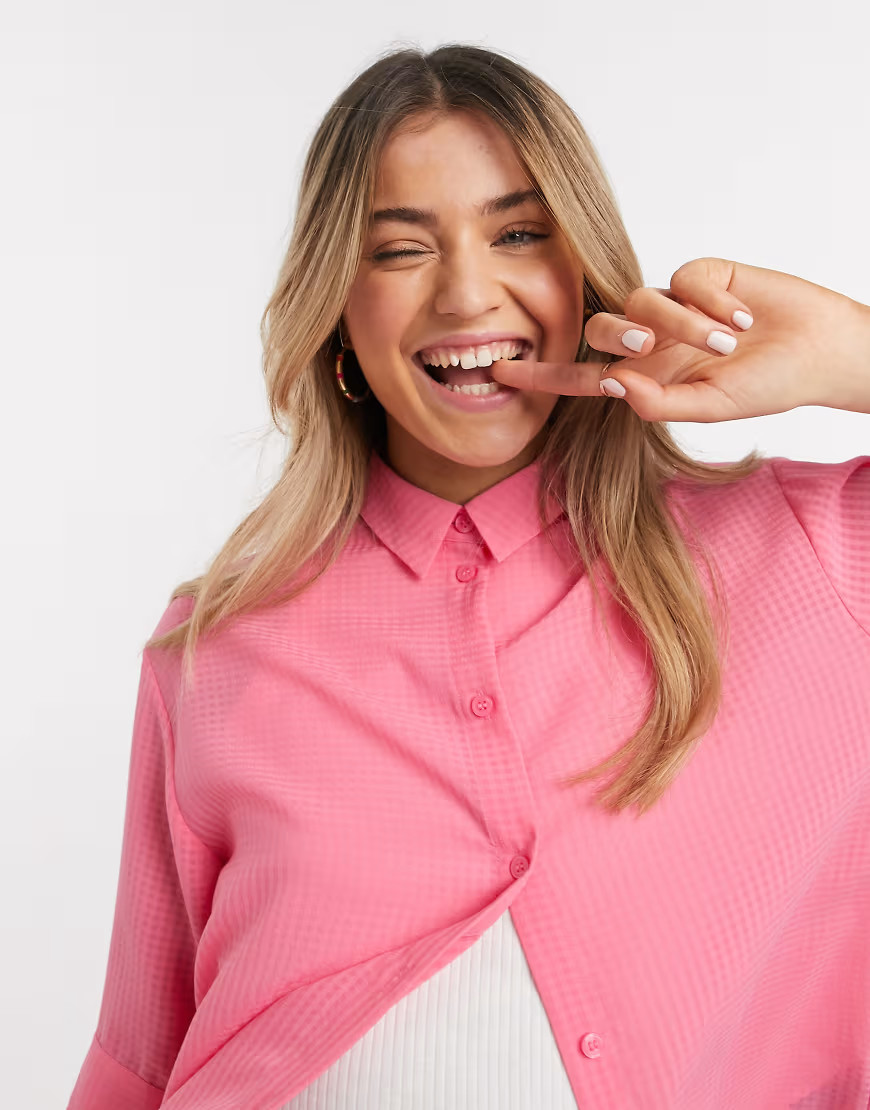 Monki Tamra seersucker short sleeve shirt in pink | ASOS (Global)