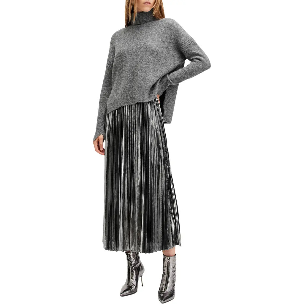 AllSaints Spark Pleated Maxi Dress & Sweater Set in Grey Marl/Silver at Nordstrom Rack, Size Medium | Nordstrom Rack