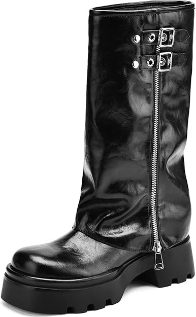 Knee High Boots Women Chunky Platform Moto Riding Boots Slouchy Fold Over Wide Calf Motorcycle Bi... | Amazon (US)
