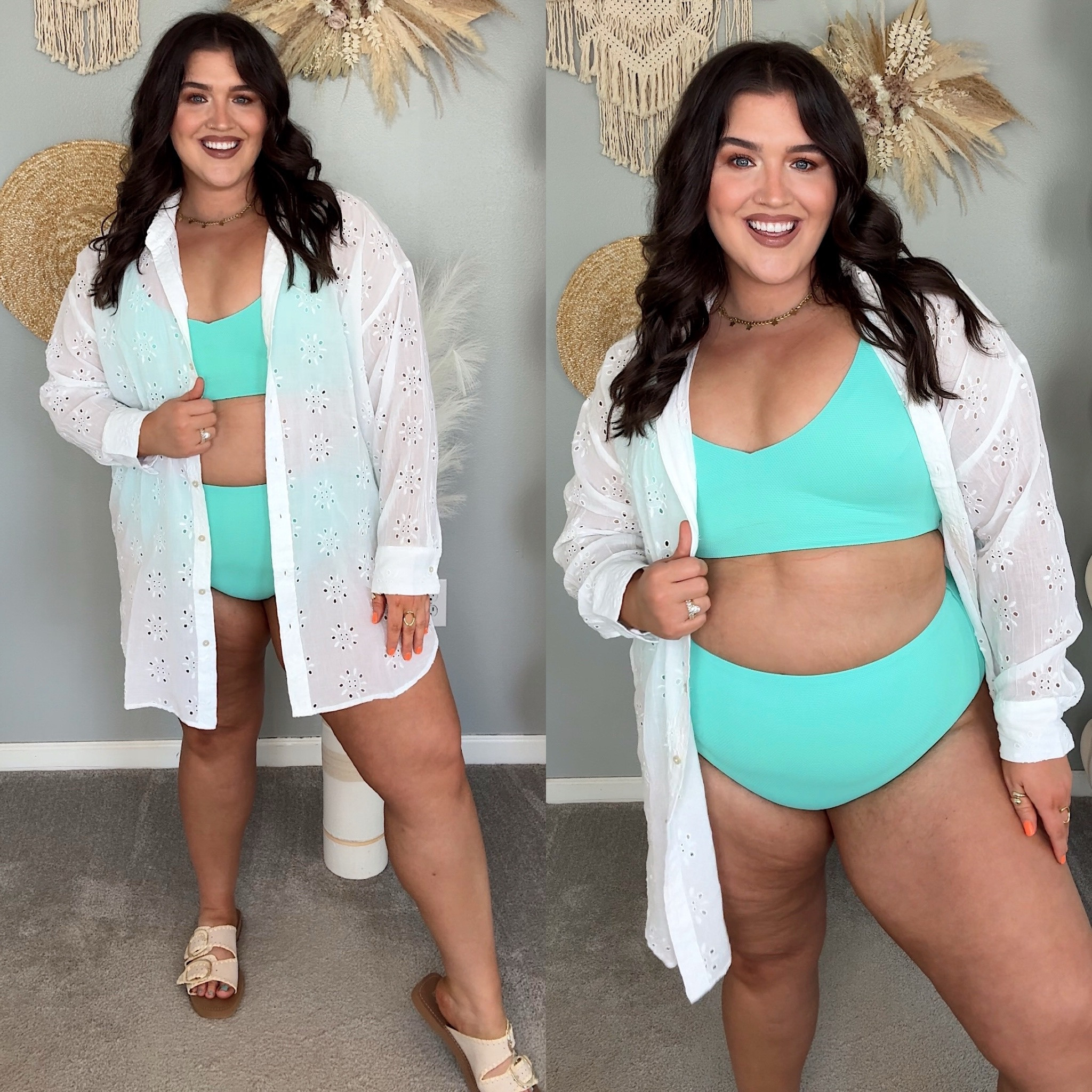 Plus size Summer bikini try on 👙☀️🌊 
Spanx turquoise blue shaping high waisted bikini size 1X (need size up) 
White cover up size XL 

#LTKSwim #LTKStyleTip #LTKPlusSize