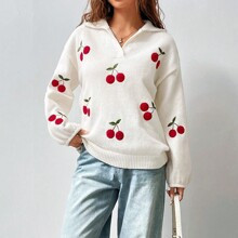 Fashionable Cherry Embroidered Womens Sweater | SHEIN