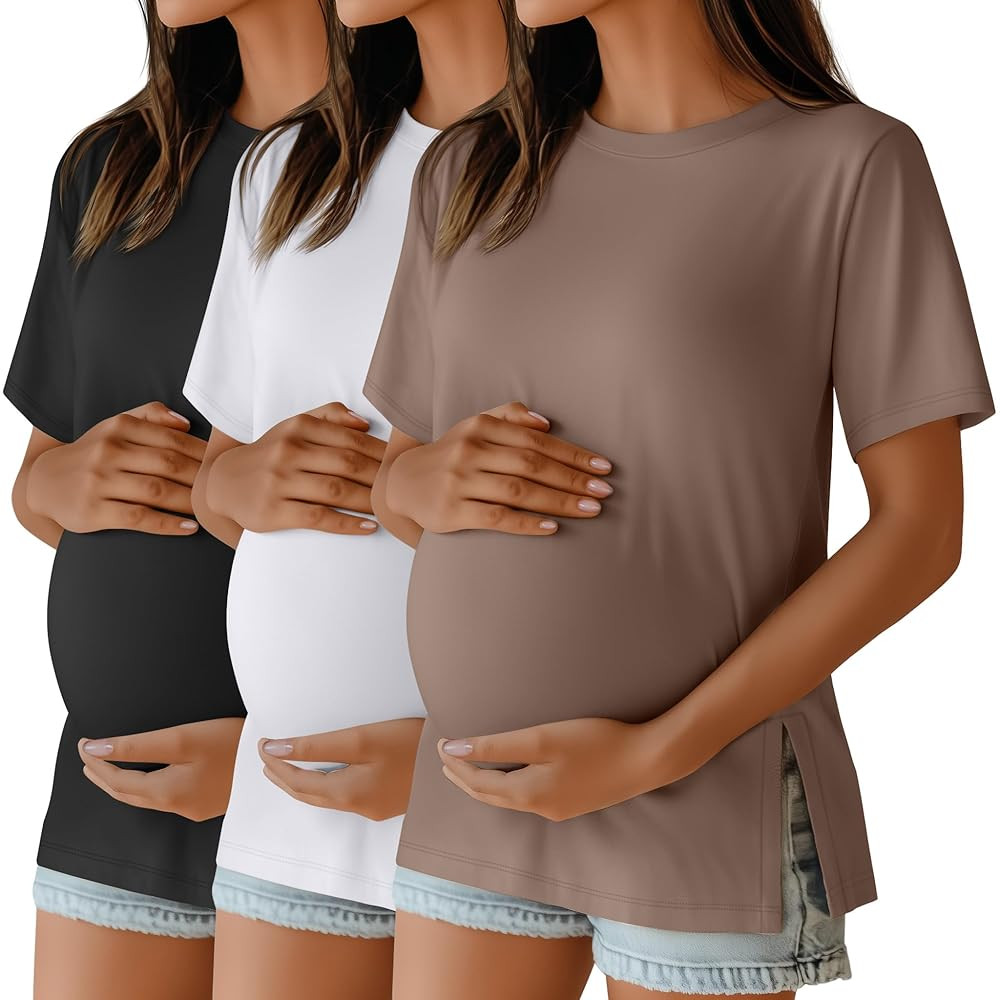 Ficerd 3 Pack Women's Maternity T Shirts, Short Sleeve Side Split Pregnancy Tops Casual Crew Neck... | Amazon (US)