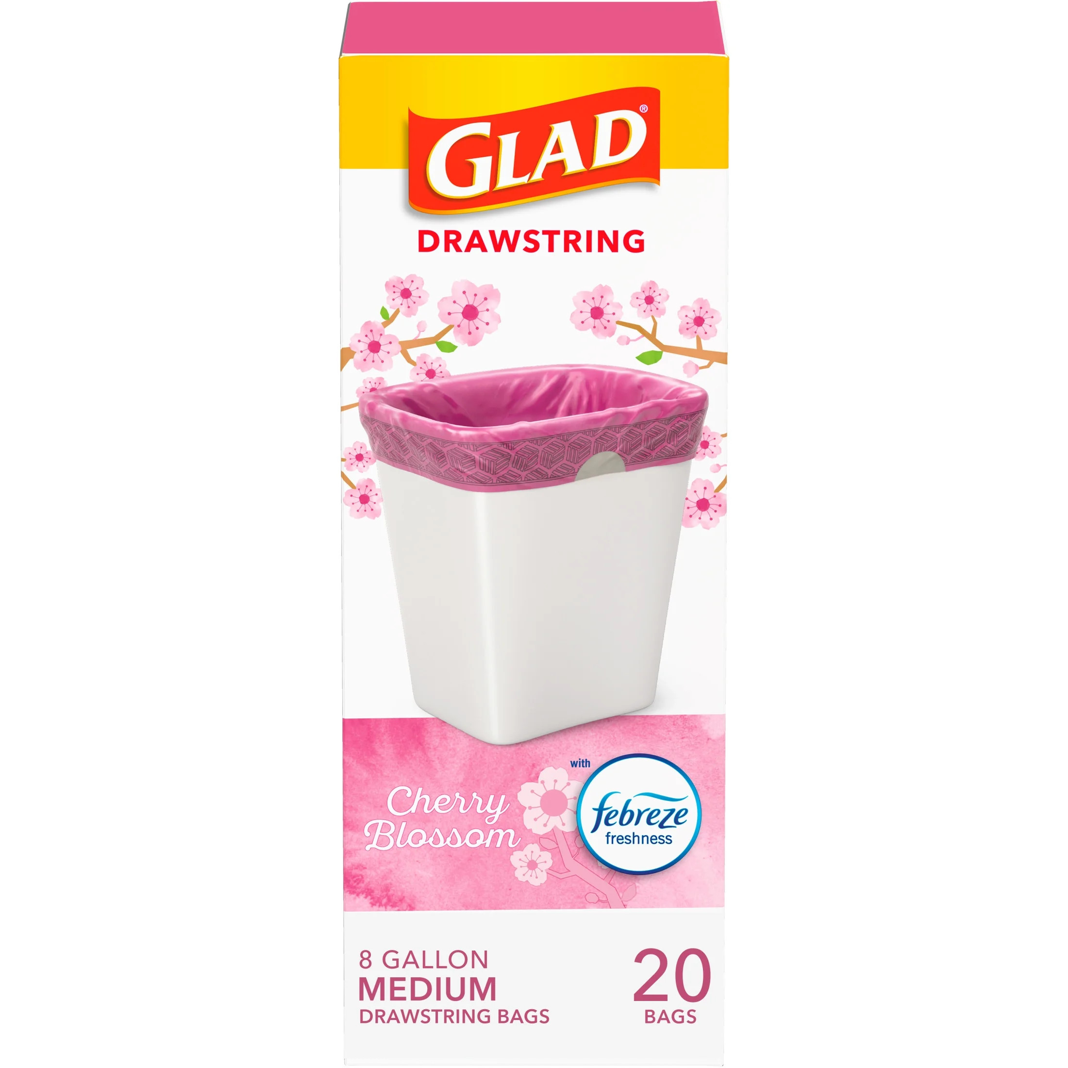 Glad OdorShield Medium Drawstring Trash Bags, 8 Gallon Trash Bag, Febreze Cherry Blossom, 20 Ct | Walmart (US)