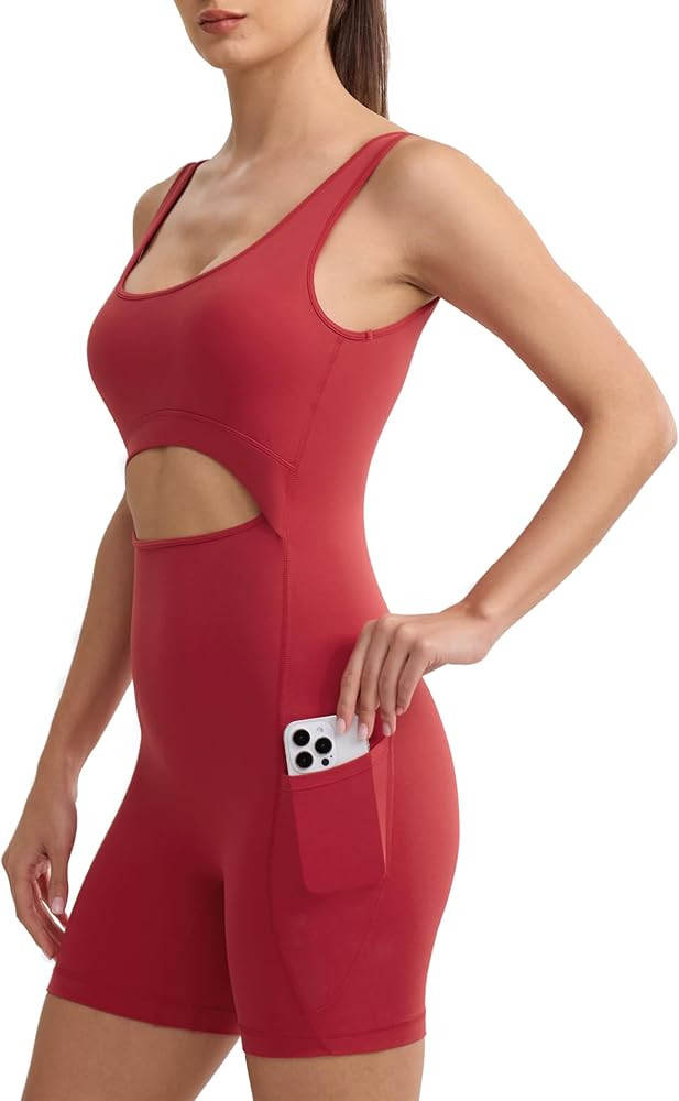 Women's Athletic Rompers Workout Shorts Jumpsuit with Pocket Yoga One Piece Bodysuit Cream Feelin... | Amazon (US)