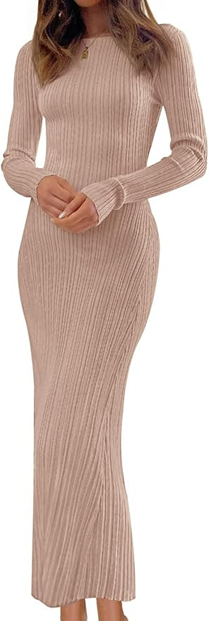 MEROKEETY Women's 2024 Long Sleeve Bodycon Sweater Dress Fall Crew Neck Ribbed Knit Maxi Dresses | Amazon (US)