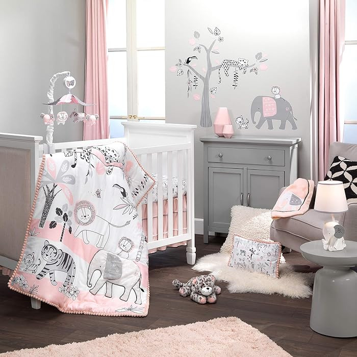 Lambs & Ivy Happy Jungle Pink/White Safari Nursery 5-Piece Crib Bedding Set | Amazon (US)