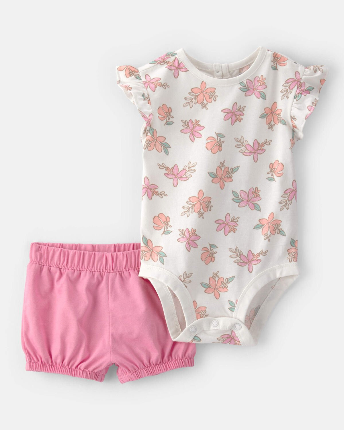 Baby Girl 2-Piece Floral Short-Sleeve Bodysuit & Short Set - Pink/White | Carter's Inc