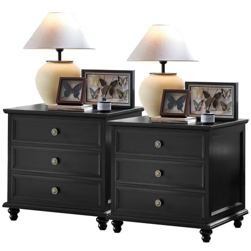 Joaxswe 24" Wide Farmhouse Night Stand Set of 2,Large End Table with 3 Drawers & Metal Handle,Wood Dresser for Bedroom Cabinet, Bed Side Table Chest of Drawers,Nightstand for Living Room,Closet,Black | Amazon (US)