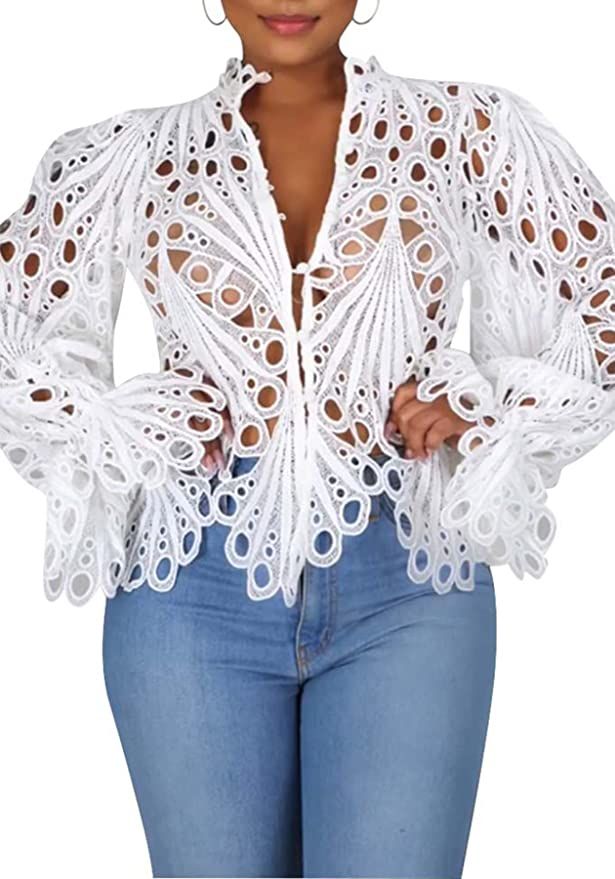Women's Elegant Hollow Out Tops Flare Long Sleeve Floral Lace Crochet Blouses | Amazon (US)