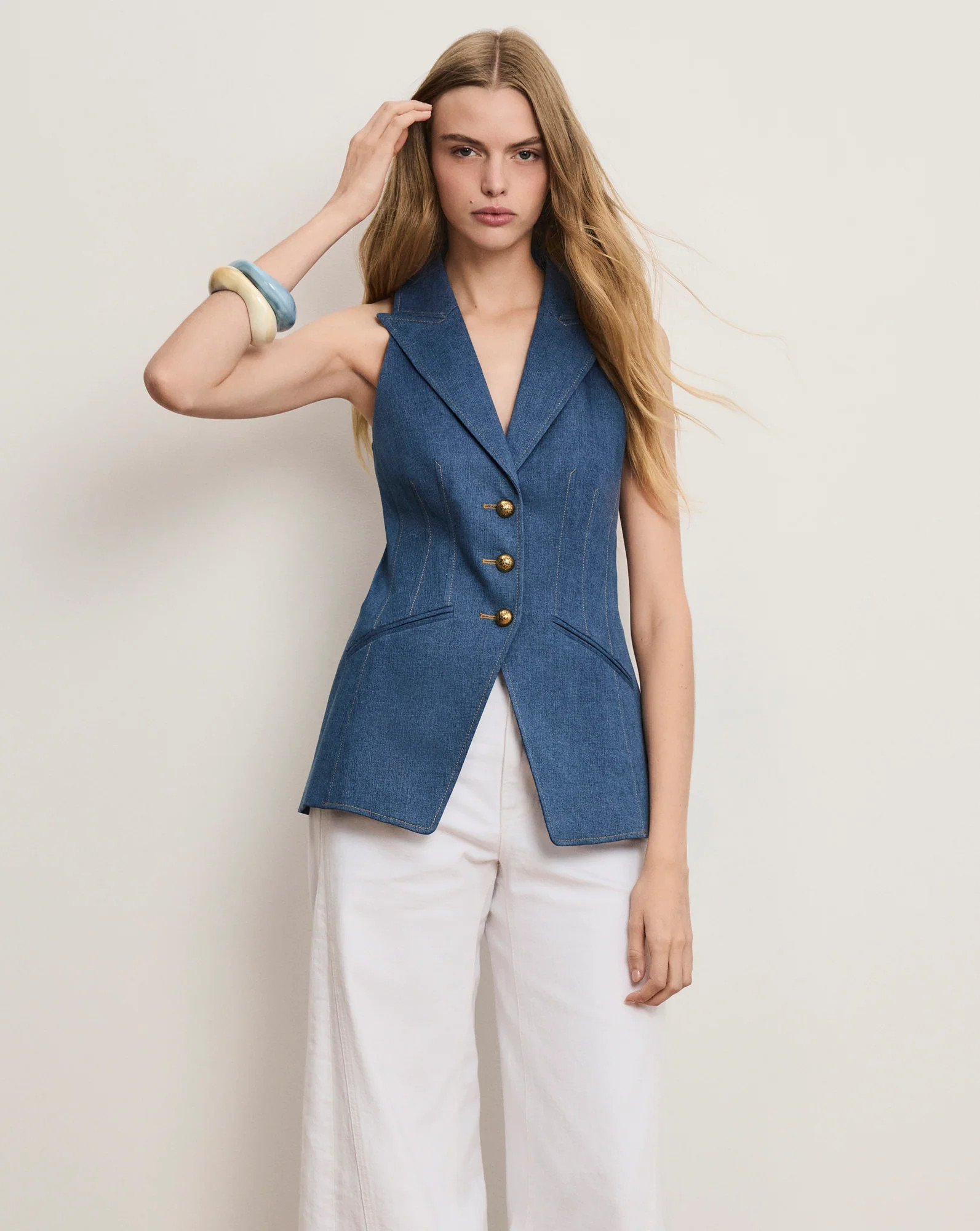 Costa Sleeveless Denim Vest in Blue | Veronica Beard | Veronica Beard