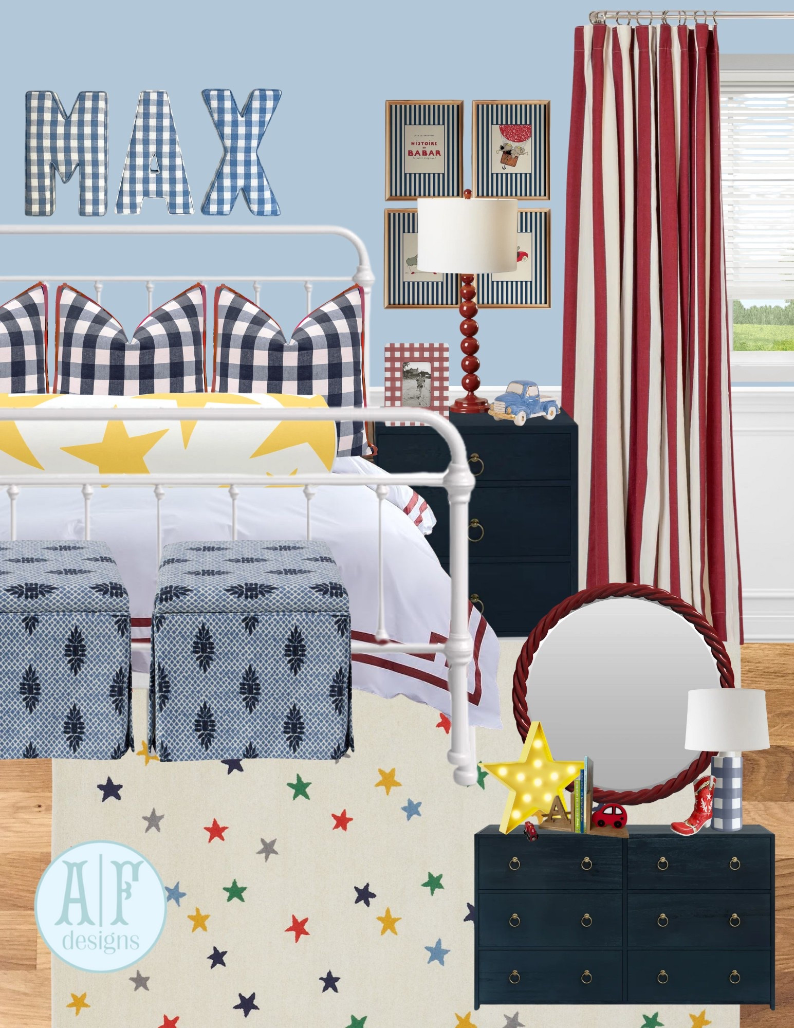 navy and red boy’s room!❤️🩵perfect for a “big boy” room or even for a teen🤩i love gingham and stripes throughout the room🎪⭐️
paint: 6527 SW blissful blue 

#LTKBaby #LTKKids #LTKHome