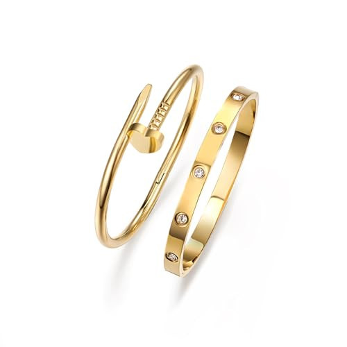 sineed 18K Gold Plated Love Nail Bangle Bracelet Set Stackable Dupes Stainless Steel Bangle Set for Love Trendy Jewelry | Amazon (US)