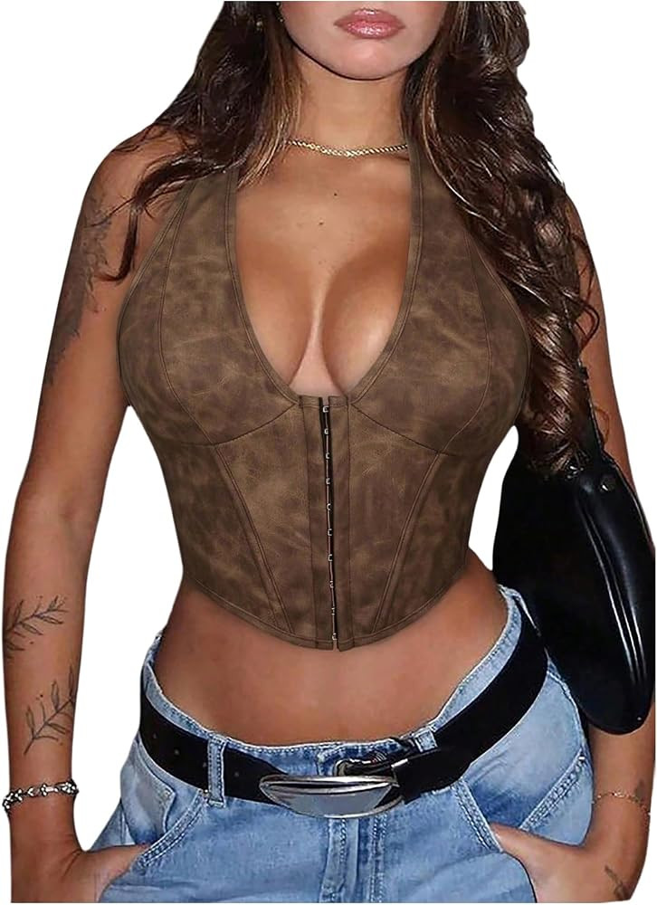 Women's PU Leather Halter Corset Top Vintage Sleeveless Party Club Crop Tops Rave Outfit | Amazon (US)