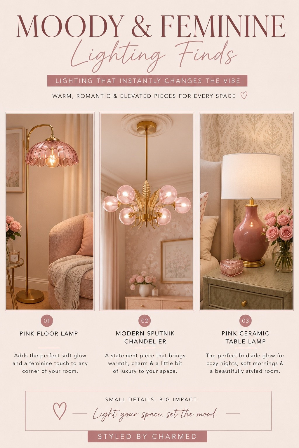 One thing about lighting… it can either make your room feel flat or make it feel like a whole EXPERIENCE 😭✨

These soft pink + gold lighting finds got the room feeling cozy, feminine, warm, and expensive all at once. The glow alone changes everything.

Shop my LTK 🤍

#LTKHome #LightingDecor #BedroomInspo #FeminineDecor #StyledByCharmed
