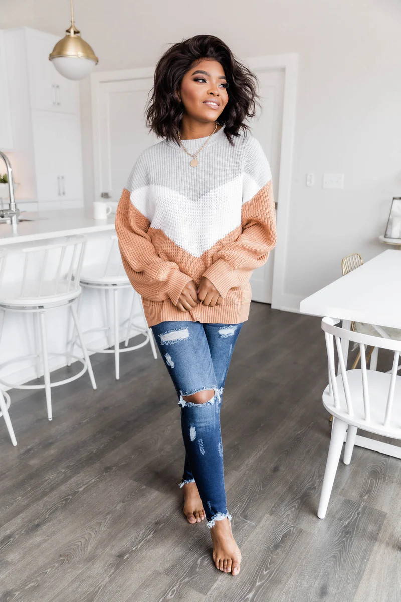 Let's Talk Love Brown Chevron Colorblock Sweater | The Pink Lily Boutique