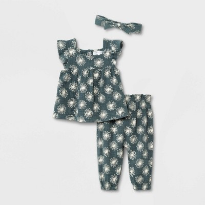 Grayson Mini Baby Girls' 3pc Floral Gauze Top & Bottom Set with Headband - Blue | Target