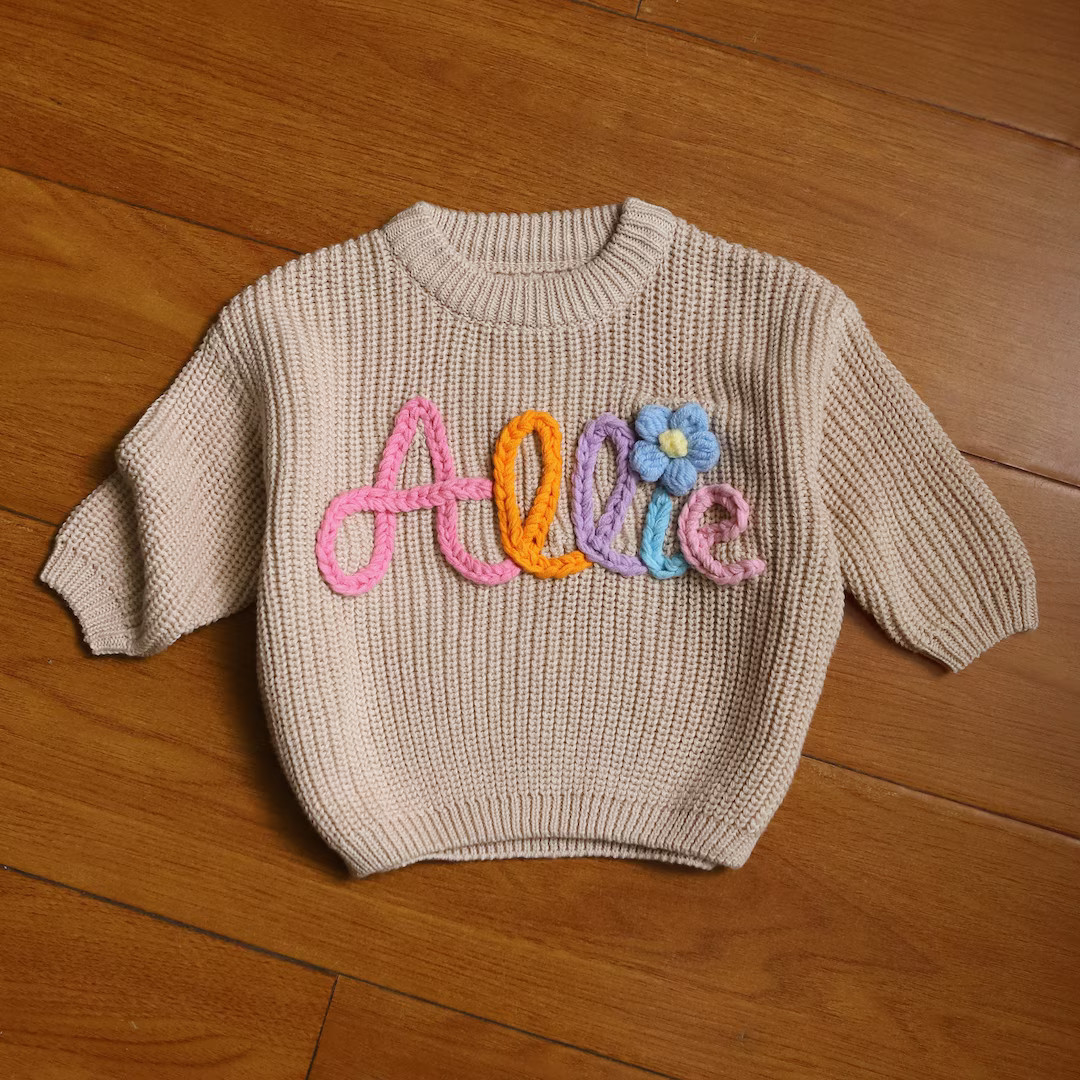 Custome Baby Name Sweater, Pink Baby Girls Sweater With Name, Personalized Hand Embroidered Name ... | Etsy (US)