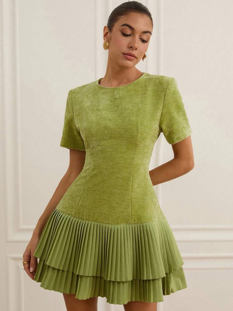 Aveloria Rosie French Elegant Style, Pleated Hem Patchwork Design, Waist-Cinching Slimming Effect, Round Neck Versatile Short Dress | SHEIN