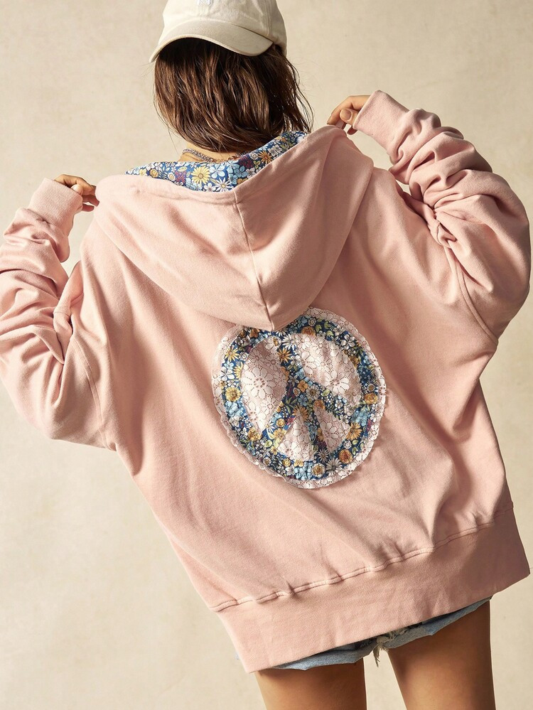 Bohemela BOHO Women's Casual Solid Color Knit Long Sleeve Loose Washed Long Sleeve Peace Graphic With Lace Detail Hoddie Sweatshirt , Vintage Western Country Style Concert Vacation Outfit, Back To School Outfits, Halloween Clothes, Christmas Clothes, Suitable For Autumn/Winter | SHEIN