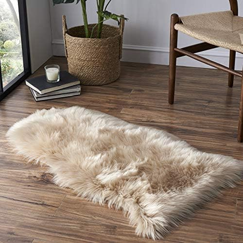 Tangsoo Premium Soft Faux Fur Area Rug Beige Small Fluffy Rug Furry Chair Cover Seat Pad Fuzzy Ca... | Amazon (US)