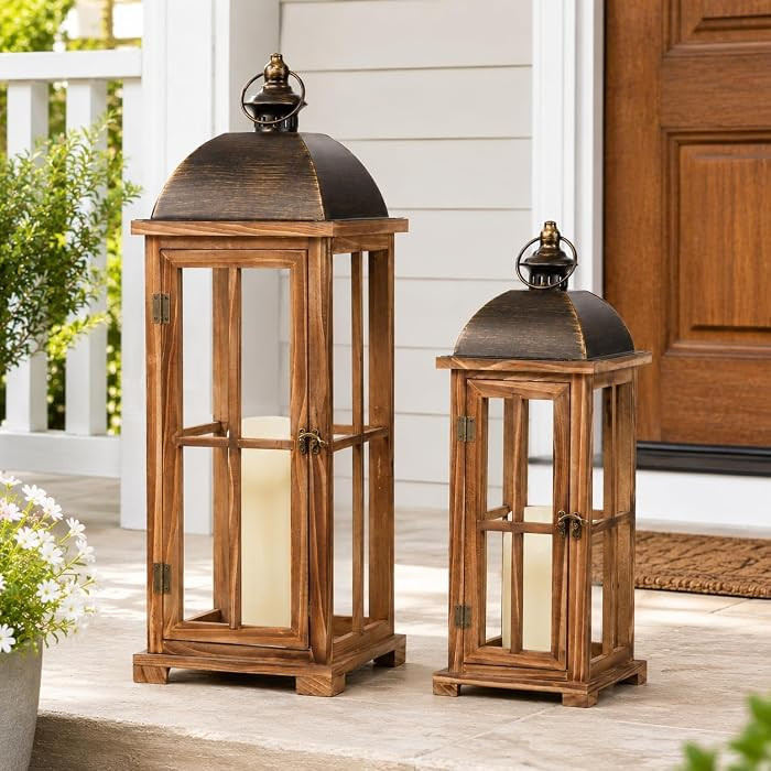 Large Decorative Lanterns, 2 Pack Farmhouse Wood Lanterns Indoor Outdoor | Amazon (US)