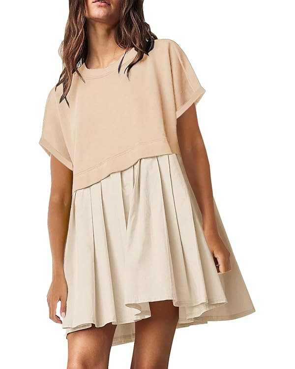 SAUKOLE Womens Summer Crew Neck Short Sleeve Dress Solid Ruffle A Line Beach Boho Long Maxi Dress... | Amazon (US)