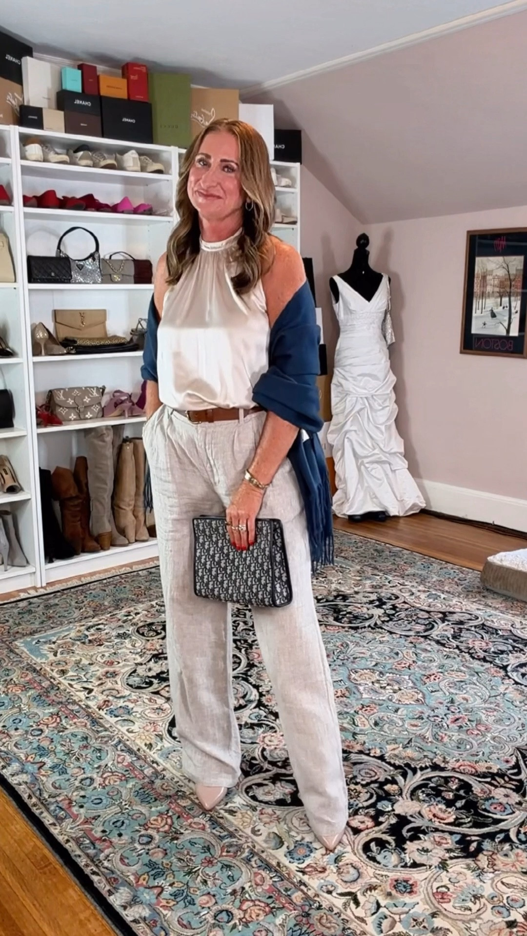 Summer look, date night outfit, summer outfit, over 40 outfit, over 50 outfit, linen pants, silk blouse, cashmere scarf,

#LTKOver40 #LTKootd