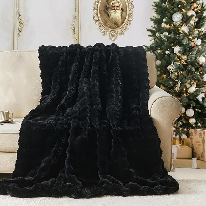 Lotus Karen Faux Fur Throw Blanket Black - Big Bubble Rabbit Fluff Blanket for Couch, Small Fluff... | Amazon (US)