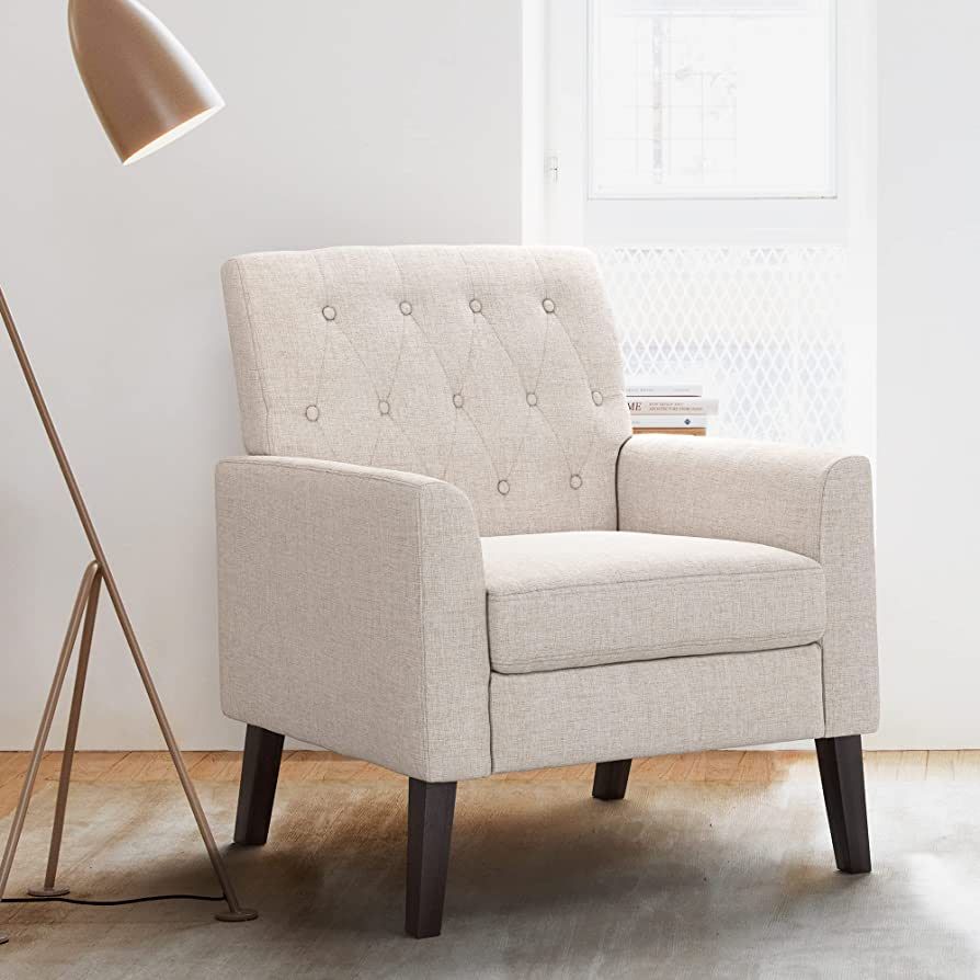 LUE BONA Linen Color Linen Accent Chair 18.5" H, Upholstered Button Tufted Armchair, Comfy Living... | Amazon (US)