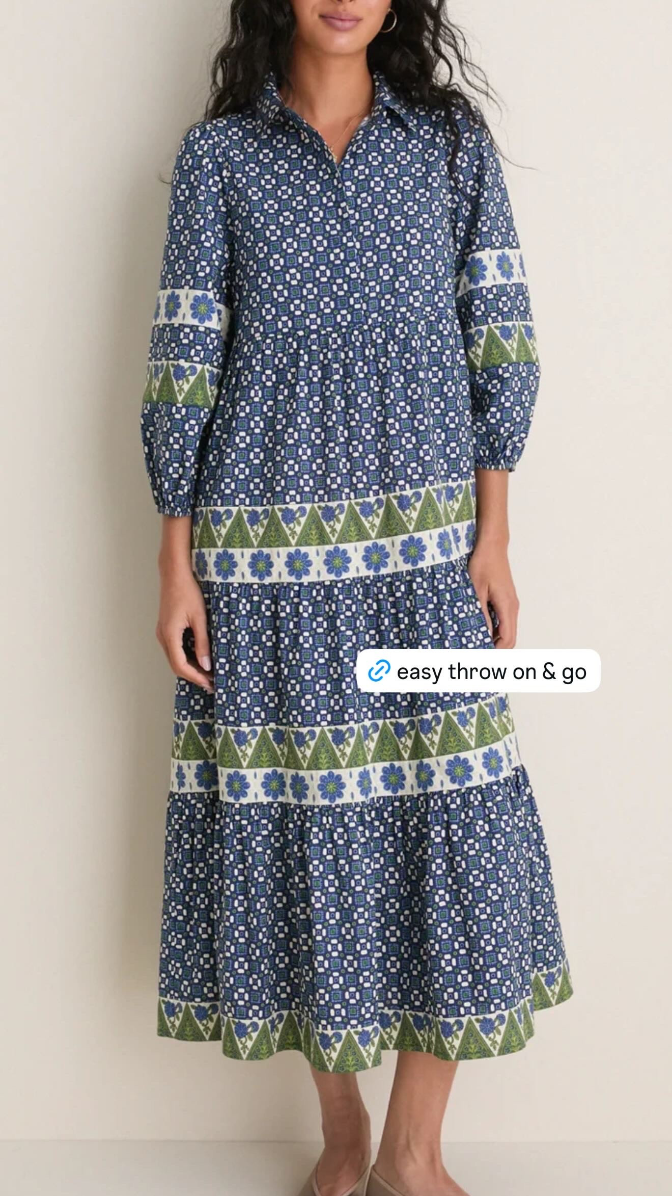 such an easy throw-on-and-go dress! i love the navy, green, and blue print, and the tiered shape makes it feel effortless without being boring. this would be so good with flats or sandals now, then boots and a light jacket once it cools down. perfect for errands, lunch, school drop off, or any day when you want one piece that does all the work.  

 