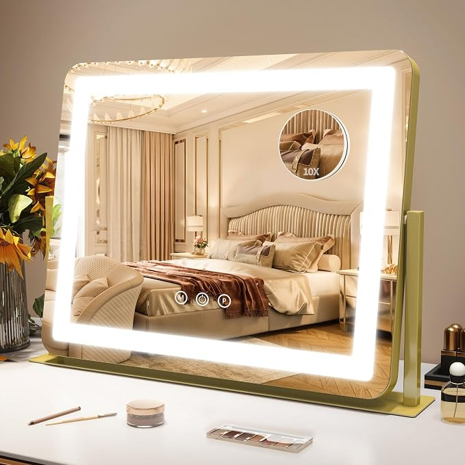 ROLOVE Gold Vanity Mirror with Lights - Smart Touch Dimming, 3-Color Lighting, 360° Rotatable De... | Amazon (US)